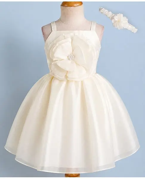 Mark & Mia Girls Organza Sleeveless Party Dress With Floral Applique & Headband Golden