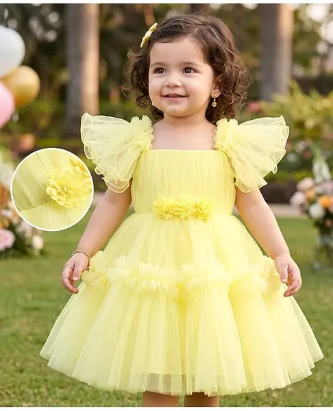 Babyhug Mesh Woven Half Sleeves Solid Party Dress With Corsage - Yellow