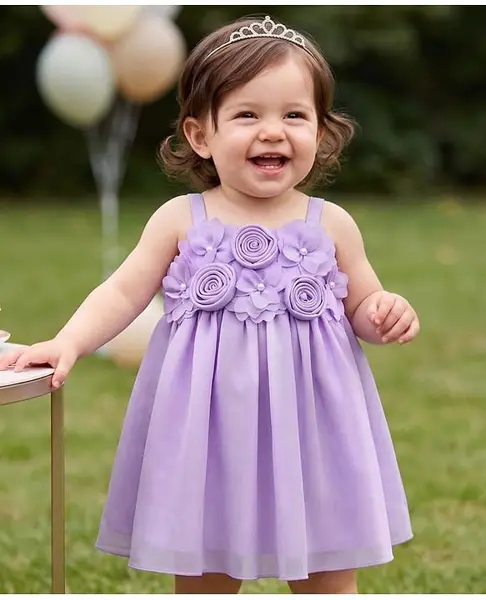 Babyhug Woven Sleeveless Dress with Floral Corsage & Pearl Embellishment - Lilac