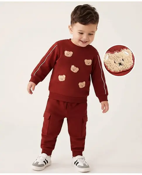 Babyoye 100 % Cotton Terry Knit Full Sleeves Winter Wear Suit With Bear Embroidery - Maroon