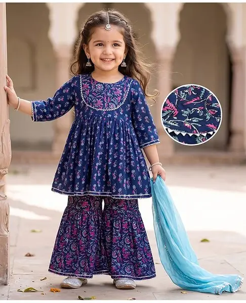 Babyhug 100% Cotton Woven Three Fourth Sleeves Floral Printed Kurtin Sharara Set With Dupatta - Blue