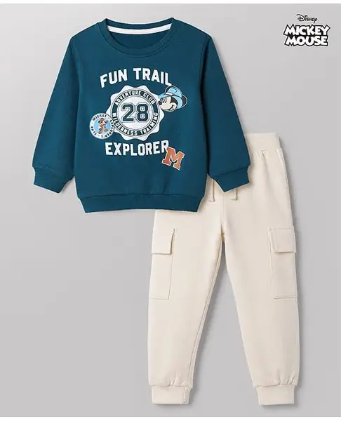Babyhug Disney Terry Knit Full Sleeves Sweatshirt & Joggers Set with Mickey Mouse Graphic - Teal Blue