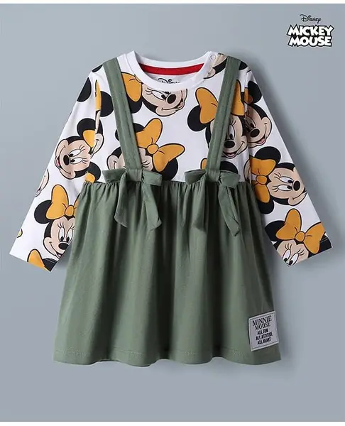 Babyhug Disney Cotton Single Jersey Knit Full Sleeves Minnie Mouse Printed Frock - White & Green