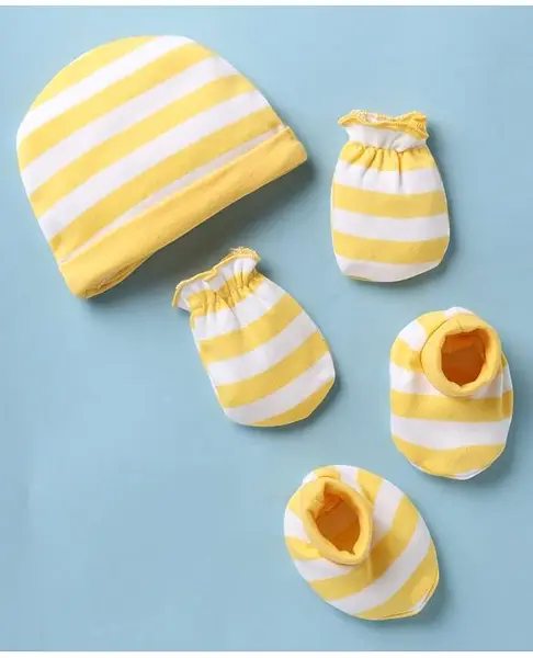 Babyhug 100% Cotton Interlock Knit Striped Cap Mittens & Booties Yellow - Diameter 11 cm