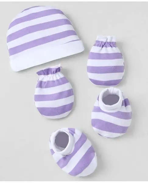 Babyhug 100% Cotton Interlock Knit Striped Cap  Mitten & Booties - Purple