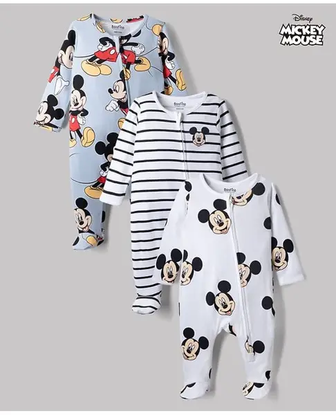 Bonfino Disney 100% Cotton Interlock Knit Full Sleeves Striped Sleep Suits with Mickey Mouse Graphic Print Pack of 3 - White  Light Blue