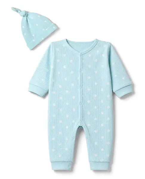 Bonfino 100% Cotton Knit Waffle Full Sleeves Romper With Polka Dot Print & Cap - Light Blue