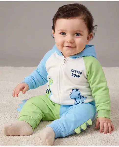 Babyoye Terry Knit 100% Cotton Three Thread Heavy Gauge Full Sleeves Hooded Winter Wear Suit With Dinosaur Print & Applique - White & Light Blue