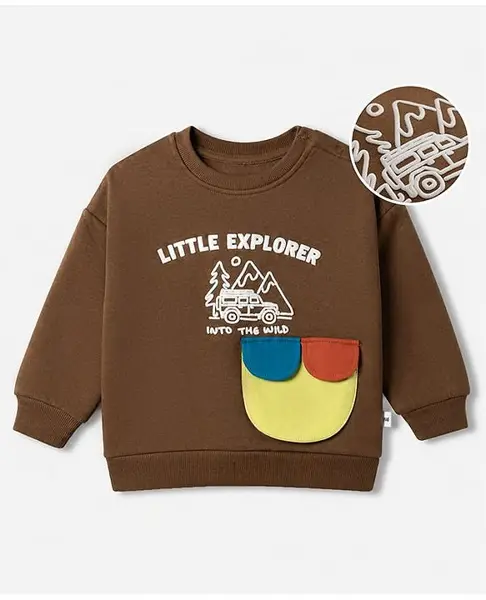 Mark & Mia Fleece Knit Sweatshirt with Full Drop Shoulder Sleeves and Little Explorer Print with Logo Badge & Pocket Detailing - Brown