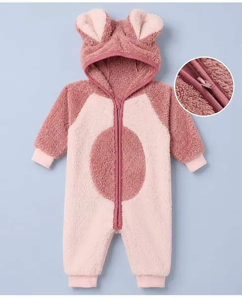 Mark & Mia Full Sleeves Hooded Winter Wear Romper With Ear Applique - Pink