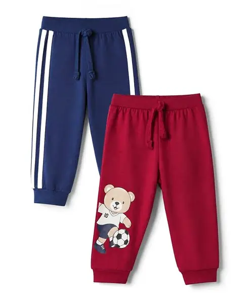 Babyhug Cotton Jersey Knit Full Length Lounge Pant With Tape Detailing & Bear Print Pack of 2 - Red Blue