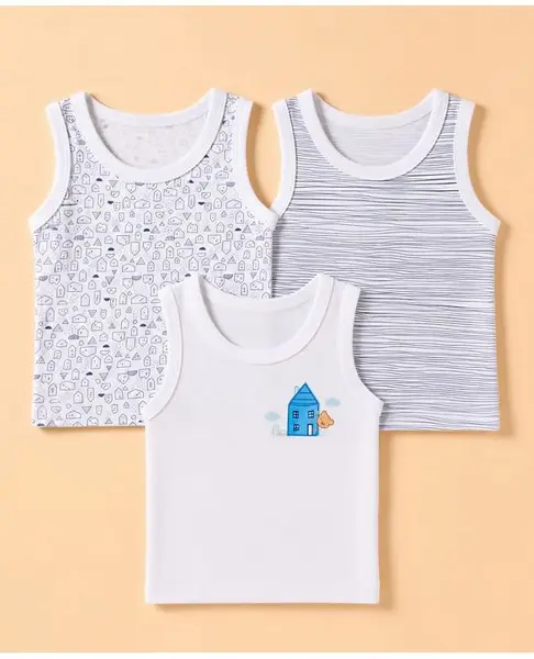 Babyhug 100% Cotton Knit Striped Sleeveless Vests With Geometric Print Pack of 3 -White