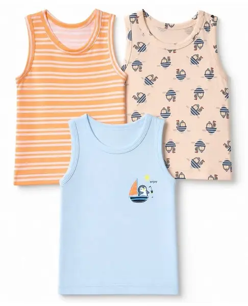Babyhug 100% Cotton Knit Striped Sleeveless Vests With Boat Print Pack of 3 - Light Blue  Peach & Orange