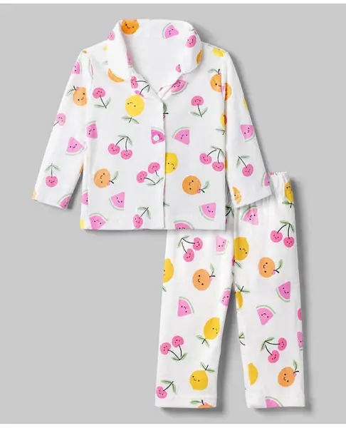 Babyhug Interlock Knit Full Sleeves Front Open Shirt Pyjama Co-Ords Night Suit With Cherry Print- White