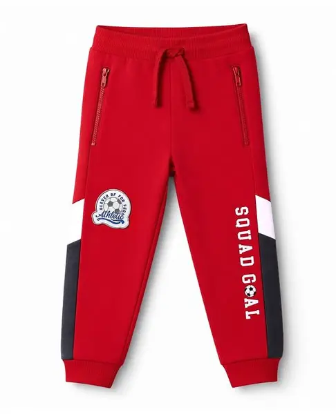 Babyhug Cotton Looper Knit Full Length Joggers With Squad Goal Text Print & Pockets - Red