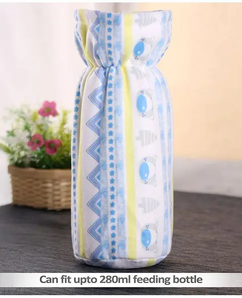 Babyhug Velour Feeding Bottle Cover Bear Print Large Blue - Fits Upto 330 ml Bottle