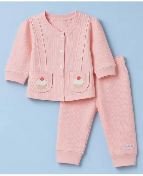 Orange Bubbles) Knit Full Sleeves T-Shirt & Pyjama Night Suit with Cup Cake Patch - Peach