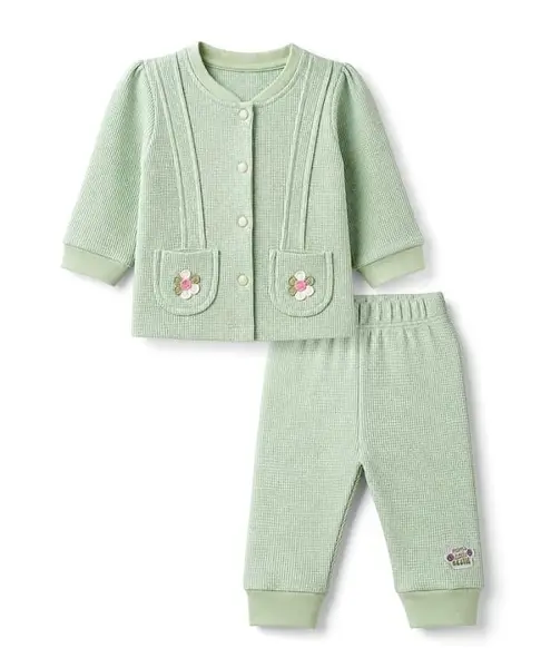 Orange Bubbles Knit Full Sleeves  Shirt & Pyjama Night Suit with Floral Embroidery on Pocket - Green