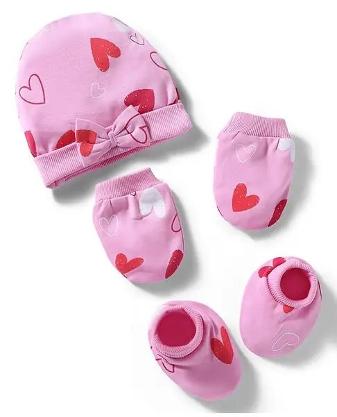 Bonfino 100% Cotton Knit Cap Mittens and Booties with Heart Print & Bow Applique Pink - Diameter 12 cm