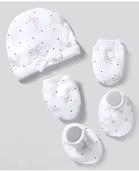 Bonfino 100% Cotton Knit Cap Mittens and Booties with Polka Dot Bow Print & Bow Applique White - Diameter 11 cm