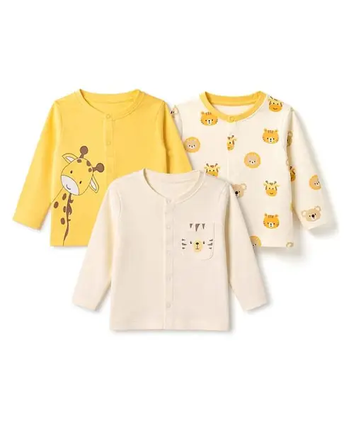 Babyoye Interlock Knit Regular Ecojiva Finish Jhablas Animal Print Pack Of 3 - Yellow & Pink