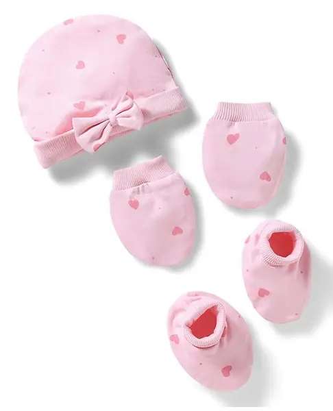 Bonfino 100% Cotton Knit Cap Mittens and Booties with Polka Dot Heart Print & Bow Applique Light Pink - Diameter 12 cm