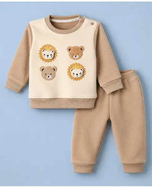 Babyhug Knit Full Sleeves Top and Joggers Set with Lion Applique & Patch - White