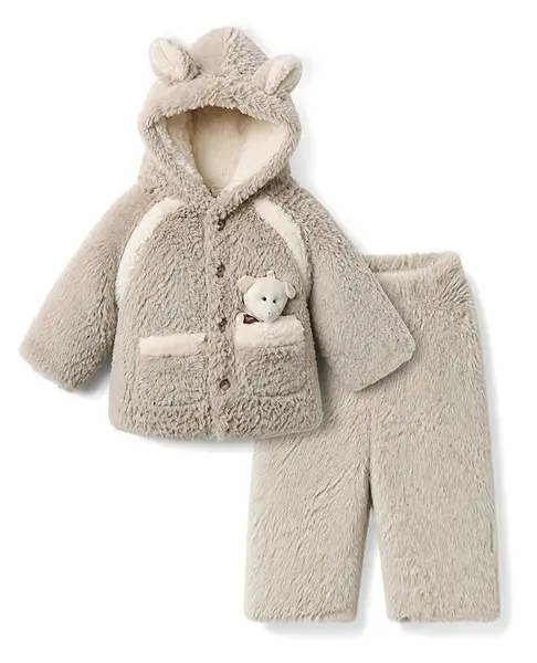 Babyhug Fur Knit Full Sleeves Hooded Winter Wear Suit With Bear Applique in Grey