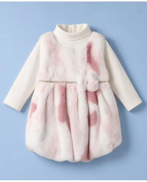 Little Kangaroos Fur Knit Full Sleeves Sequin Embellished Winter Frock with Inner Tee & Bow - Light Pink