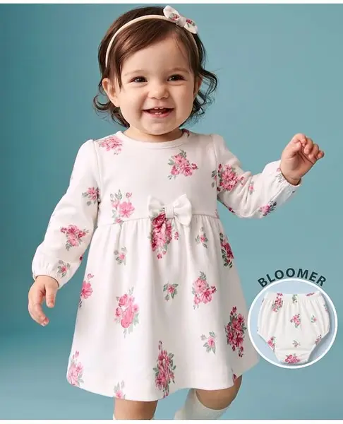 Babyhug Single Jersey Knit Full Sleeves Frock and Bloomer with Bow Applique & Floral Print - White