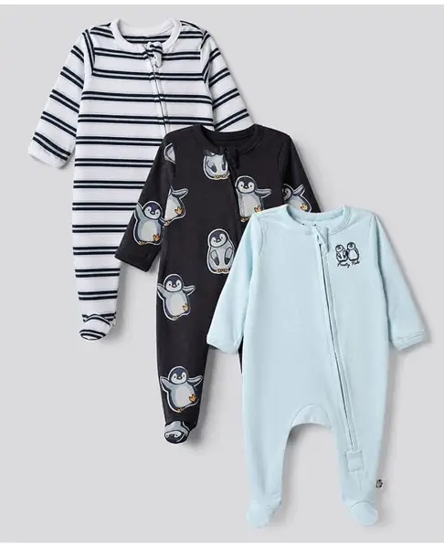 Bonfino 100% Cotton Yarn Dyed Knit Front Open Zipper Full Sleeves Striped Sleep Suits with Penguin Print Pack of 3 - White Navy Blue & Light Blue