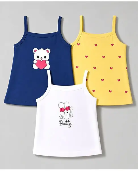 Doodle Poodle 100% Cotton Single Jersey Knit Sleeveless Slips with Bear & Heart Print Pack of 3 - White Navy Yellow