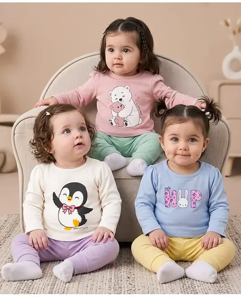 Babyoye 100% Cotton Knit Full Sleeves T-Shirts with Animal Print - Pink White & Blue