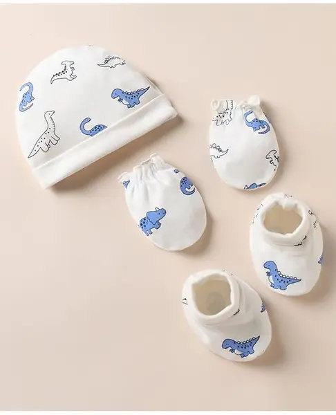 Babyhug 100% Cotton Interlock Knit Cap Mitten & Booties with Dinosaur Rhinosaur Print White - Diameter 15 cm