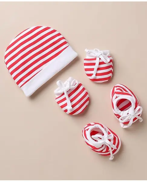 Ben Benny Interlock Knit Striped Cap  Mitten & Booties in Red Diameter -10