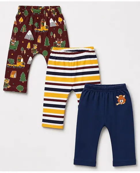 Babyhug Interlock Knit Full Length Striped & Vehicles Reindeer & Bear Printed Diaper Leggings Pack Of 3 - Navy Blue Brown & Yellow