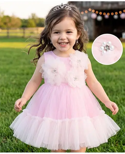 Babyhug Mesh Woven Sleeveless Party Dress With Floral Corsage - Pink
