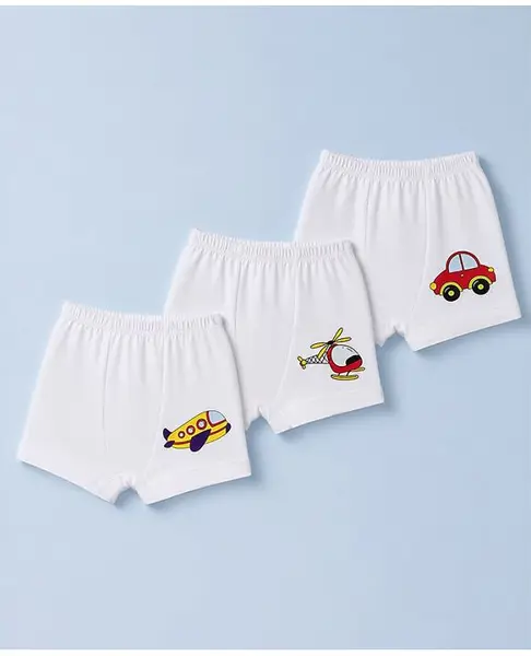 Doodle Poodle 100% Cotton Single Jersey Knit Vehicle Printed Trunks Pack of 3 - White