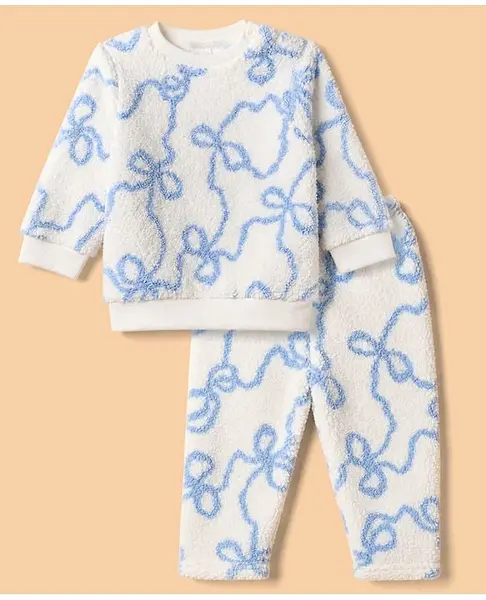 Babyhug Fur Woven Full Sleeves Winter Wear Suit With Bow Print - White