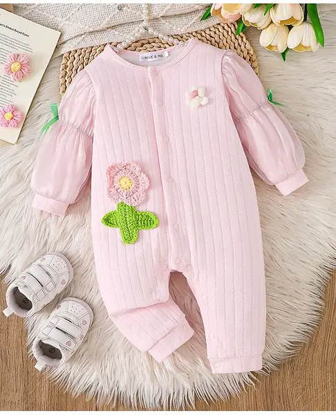 Mark & Mia Cotton Full Sleeves Winter Wear Romper With Floral Embroidery - Pink