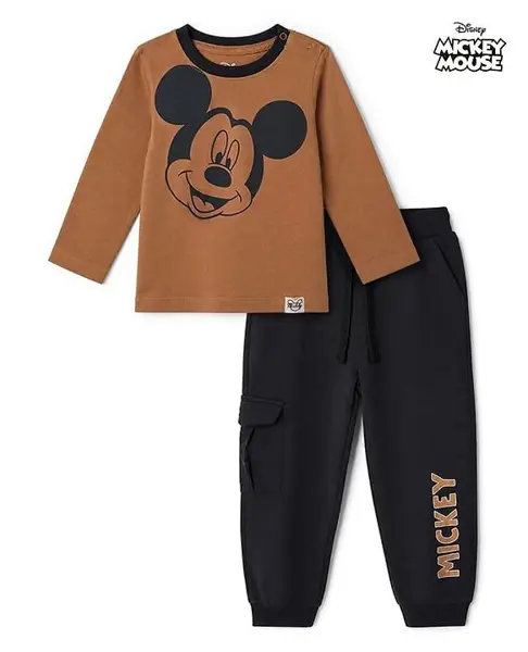 Babyhug Disney Single Jersey Knit Full Sleeves T-shirt and Joggers Set With Mickey Mouse Print - Brown
