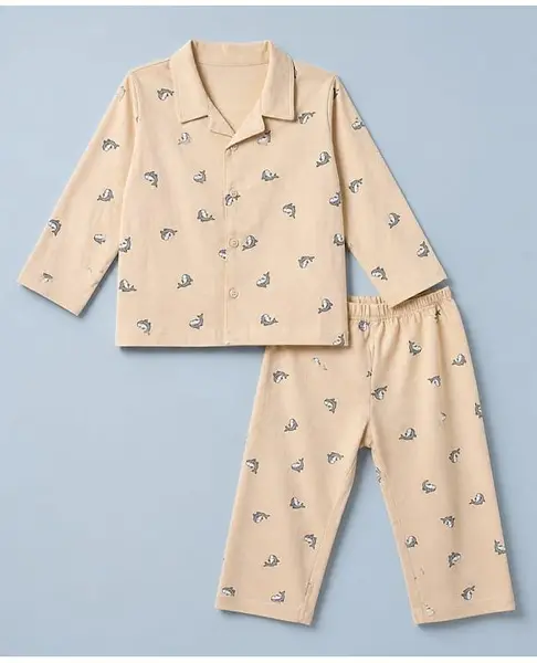 Babyhug Cotton Knit Full Sleeves Co-Ords Shirt & Pyjama Night Suit with Dolphin Print - Peach