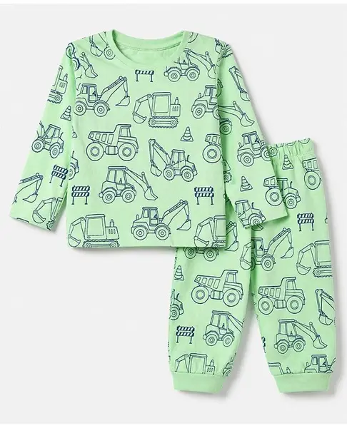 Babyhug Cotton Knit Full Sleeves Co-Ords T-Shirt & Pyjama Night Suit with Construction Vehicle Print - Sea Green
