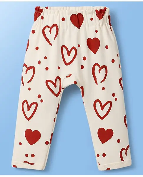Doodle Poodle 100% Cotton Knit Full Length Hearts Printed Diaper Leggings - Cream