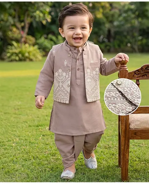 Babyhug Woven Full Sleeves SOLID Kurta Dohti Set With Floral Sequin Embroidered Jacket - Light Brown