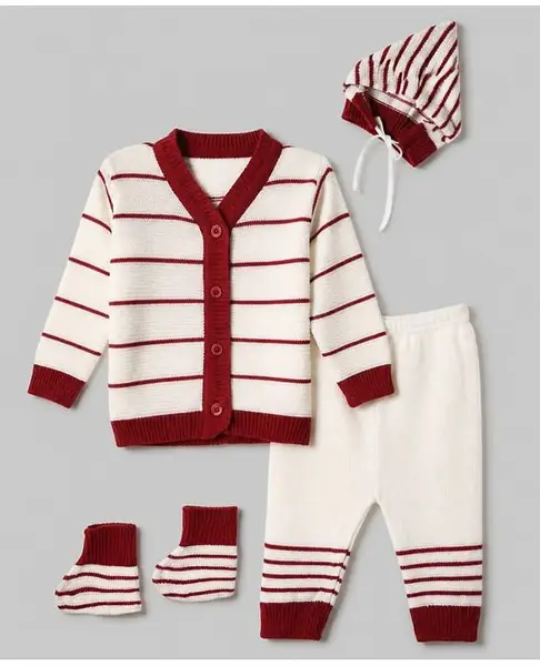 Babyhug Knit Full Sleeves Striped Sweater Set with Cap & Booties - White