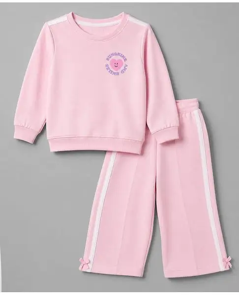 Babyhug Terry Knit Full Sleeves Top & Pant Set With Text Print - Pink