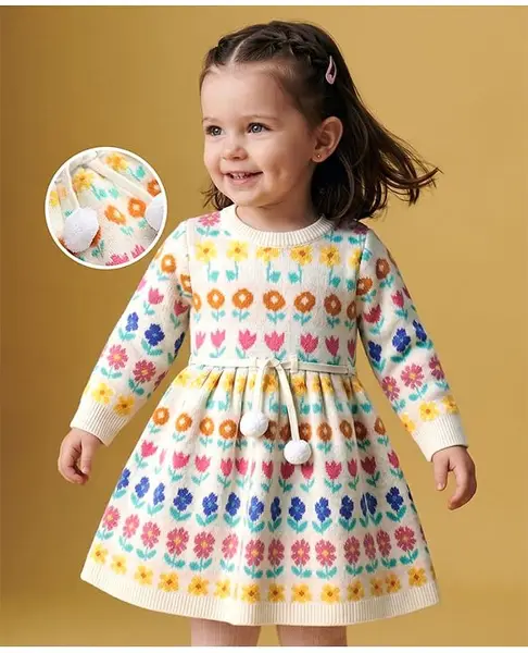 Babyoye Knit Full Sleeves  Woolen Dress With Floral Design - White