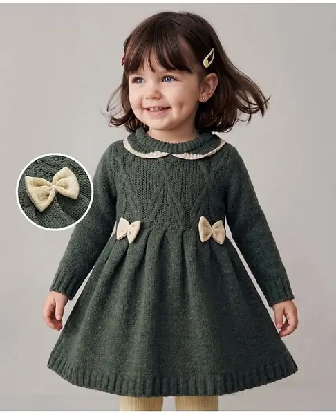 Babyoye Knit Woolen Dress with Full Sleeves and Bows Applique in Olive Green