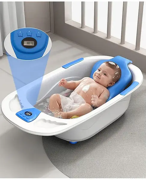 Babyhug Baby Bath Tub with Bath Rack & Temperature Sensor - White Blue